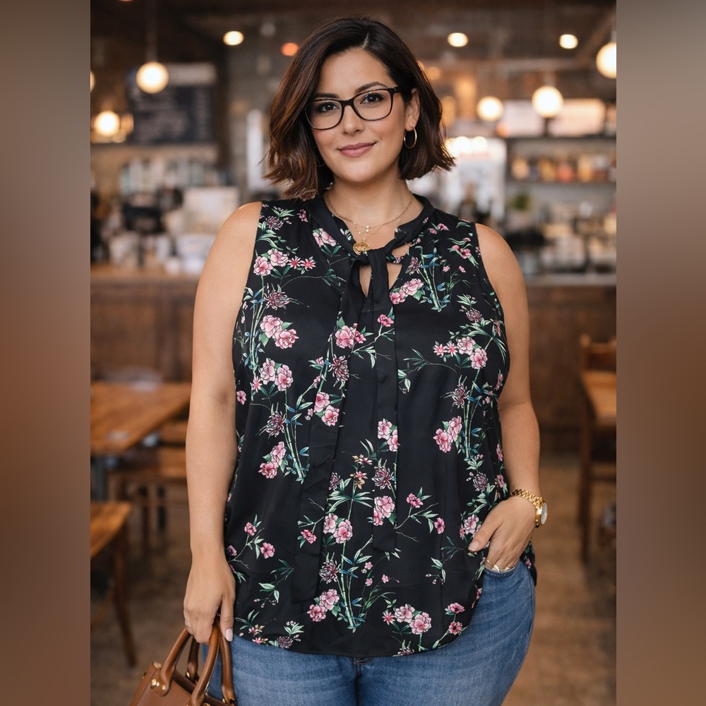 Torrid Black Floral Print Georgette Tie Neck Blouse | Size 2 (2X)